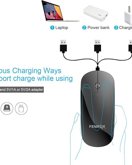 FENIFOX Wireless Bluetooth Mouse, Ultra-Thin Flat and Slim Silent USB-C Rechargeable Travel Mini Portable Mouse for Mac iPad Laptop MacBook Tablet Chromebook - Black