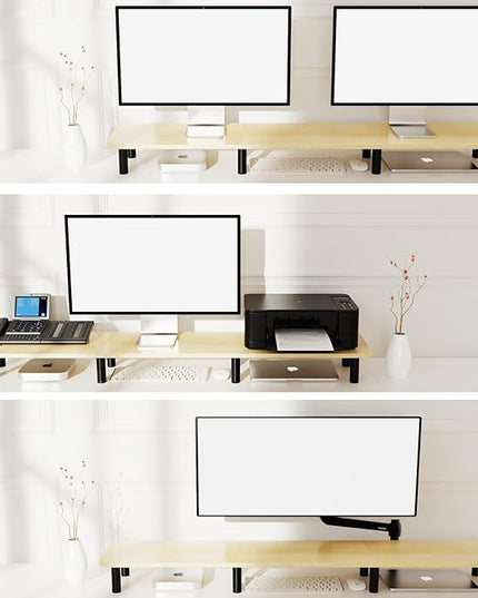 Large Extra Long Monitor Stand Riser 43.7in,Dual Monitor Riser, Wide TV Stand for 2 Monitors, Wood & Steel Leg Adjustable Height Desktop Riser, Home Office Organization. (Natural)