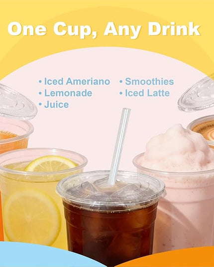 Coolcap 12 oz 100 Pack Disposable Clear Plastic Cups with Lids and Straws, Food Safe Bulk Iced Coffee Cups for Smoothies, Milkshakes and Other Cold Drinks