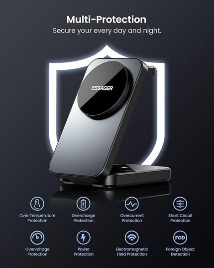 ESSAGER 3 in 1 Foldable Travel Wireless Charger Compatible with iPhone 16/15/14/13/12 Series, 15W Magnetic Wireless Charging Station for Desk for Airpods 4/3/2/Pro, iWatch with 20W Adapter