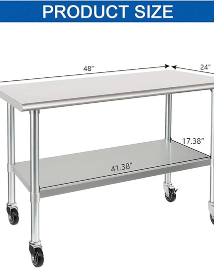 HARDURA Stainless Steel Table with Wheels 24 x 48 Inches Casters NSF Heavy Duty Commercial Work & Prep Table with Undershelf and Galvanized Legs for Restaurant Kitchen Bar and Hotel Garage