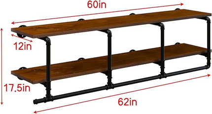 Wall Mounted Clothes Rack 12 Inch Deep, 60 Inch Heavy Duty Garment Rack with Real Walnut Wood Shelf, Multi-Purpose Hanging Rod & Space-Saving Closet Storage Organizer