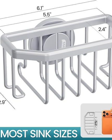 TAILI Sponge Holder for Kitchen Sink with Strong Suction Cup, Rustproof Aluminum Sink Caddy for Sponges, Brushes, Stoppers & Scrapers, Silver