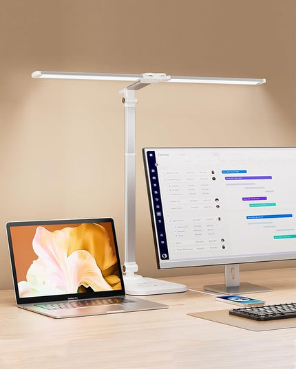 LED Desk Lamp for Office Home, Height Adjustable Architect Desk Light with USB Adapter, Stepless Dimming 50 Lighting Modes, Eye Caring Double Head Computer Desk Lamp for Reading, Study, Workbench