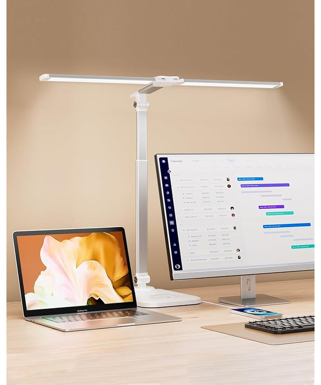 LED Desk Lamp for Office Home, Height Adjustable Architect Desk Light with USB Adapter, Stepless Dimming 50 Lighting Modes, Eye Caring Double Head Computer Desk Lamp for Reading, Study, Workbench