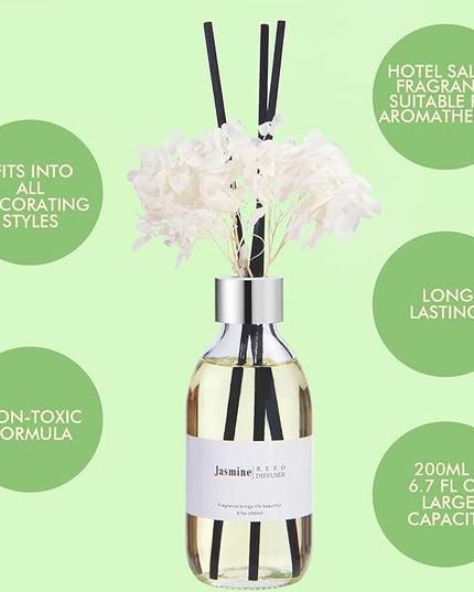 Clesh Reed Diffuser Set, 6.7 oz Jasmine Scented Diffuser with Sticks, Home Fragrance Reed Diffuser for Bathroom Shelf Decor