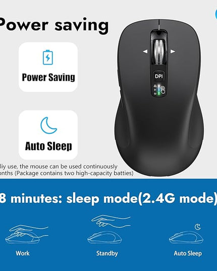 Wireless Bluetooth Mouse (USB + BT1 + BT2), Full Size, 4-Way Scrolling, Multi-Device Silent Mouse for Computer, Laptop, iPad, MacBook (Black)