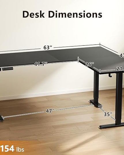 Casaottima 63 Inch Reversible L Shaped Electric Standing Desk, Ergonomic Height Adjustable Desk, Large Lift Corner Stand up Table for Workstation, Home Office, Reception Room, Black