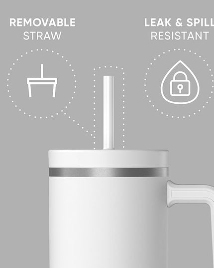 Hydrapeak Voyager 40 Oz Stainless Steel Tumbler with Handle, Insulated Water Bottle With Straw & Lid, Cupholder Friendly Reusable Travel Mug (White)