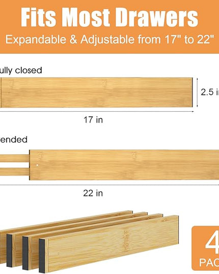 Bamboo Drawer Dividers,17-22" Adjustable Kitchen Drawer Organizer for Clothes,4 Pack Expandable Drawer Organization Separators for Bedroom,Bathroom,Dresser and Office,Natural