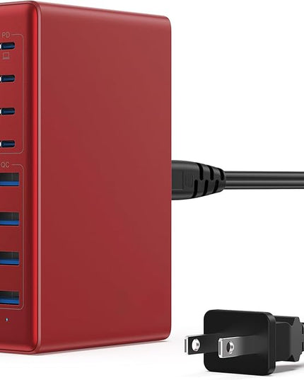 200W USB C Charger Block,GaN IV Charging Station 8 Ports,QC4.0 Fast Charging Station Hub+PD 65W USB C Laptop Charger Adapter Compatible with MacBook Air/Pro,DELL,iPhone 17/16/15,iPad,Steam Deck-Red