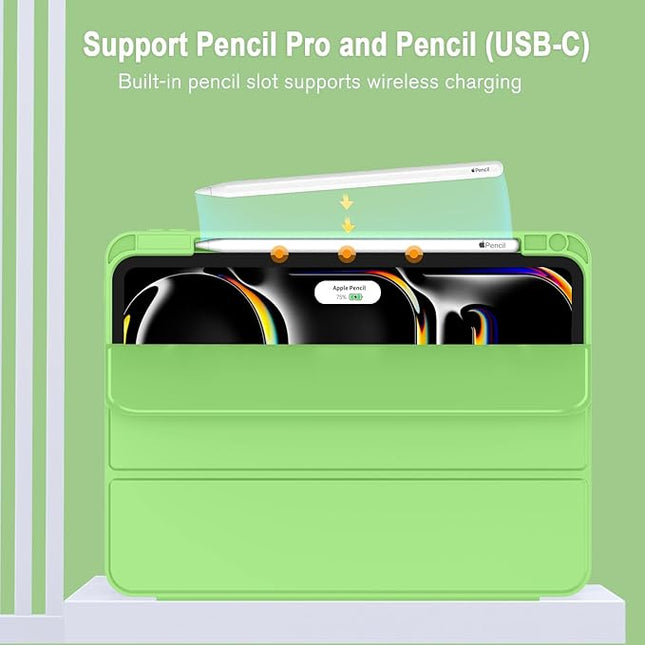ZryXal iPad Pro 11 Inch Case (M5) 2025/ (M4) 2024 (Model: A2836/A2837/A3006), Trifold Stand Smart Cover with Pencil Holder and Soft TPU Back, Auto Wake/Sleep (Grass Green)