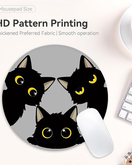 Cute Black Cats Round Mouse Pad, Funny Small Mouse Mat with Non-Slip Rubber Base, Home Office Decor Desk Accessory, 8.7 Inch Round