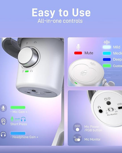 MAONO Wireless Microphone for PC, Condenser USB Mic with Software AI Voice Change,3-Level Noise Cancellation,Custom EQ, RGB Gaming Streaming Mic for Podcast PS5 PS4 Twitch YouTube (DM40 Pro-White)