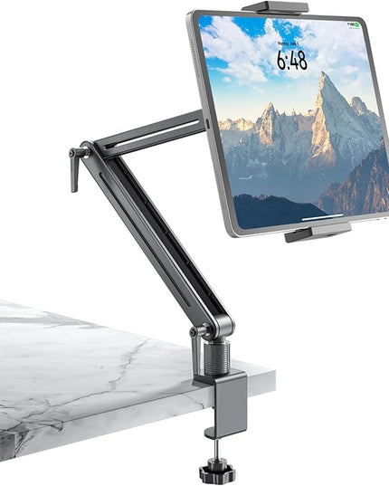 Jakeko Adjustable Tablet Mount for Desk - 360 Degree Rotating Base Tall Arm Holder Stand Swivel Flexible Clamp Soporte para Tablet/Portable Monitor/Ebook