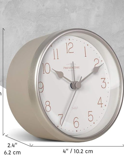 Presentime & Co 4" Chic Home Tabletop Alarm Mantel Clock, Desk and Shelf Clock, Silent no Ticking, Warm Gray and Chic Silver Finish. Tabletop Décor, Home Décor