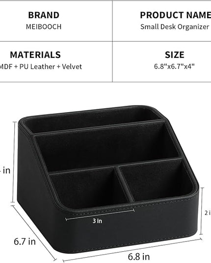 MEIBOOCH Remote Control Holder, PU Leather Small Desk Organizer with 4 Compartments, Nightstand Organizer Desk Caddy for Remote, Notepad, Phone, Glasses, and Accessories (Black)