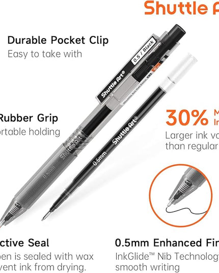 Shuttle Art Black Gel Pens, Ink Glide Series 15 Pack Retractable 0.5mm Fine Point Rollerball Gel Ink Pens Quick Drying Waterproof Smooth Writing with Comfortable Grip for Office School and home