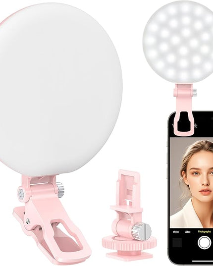 60 LED Ring Light, Rechargeable Selfie With Front & Back Clip, 2500-6500K Portable Phone, Adjustable 3 Modes for iPhone, iPad, Tablet, Laptop, CRI97+, 90 Grams (Pink)