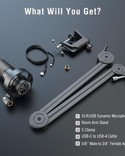 FIFINE Dynamic Podcast Microphone Set with Boom Arm Stand, Studio XLR/USB Microphone for Recording Vocal Streaming, Metal Mic with Mute Tap, Headphone Jack, Heavy Duty Boom Arm-K688T
