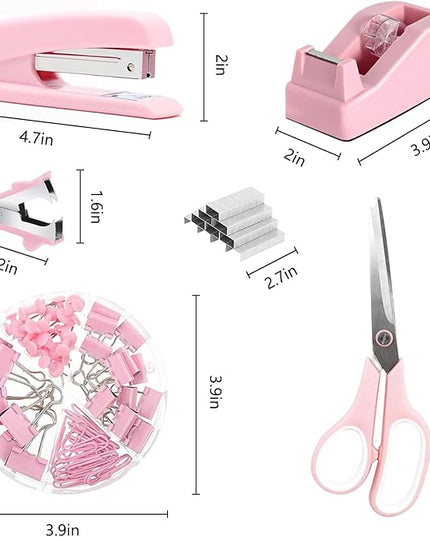 Office Supplies,Desk Accessories,with Stapler,Tape Dispenser,Staple Remover,Scissor,Ballpoint Pen,Sticky Notes,Clear Tape,Staples,Desk Organizer,Phone Stand,Binder,Index Tabs,Best gift set(Pink)