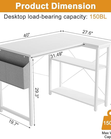 Grandder L Shaped Computer Desk with Reversible Shelves, 40 Inch Small Corner Desk with Storage Bag, Gaming Desk Computer Table Study Writing Desk for Home Office Small Space, White