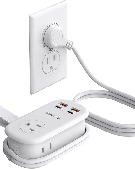 ORICO 65W GaN Travel Power Strip with 7-in-1 Charging Ports (3 AC Outlets/2 USB-A/2 USB-C), Flat Plug and 4FT Extension Cord, Fast Charger for MacBook Pro/Air, iPad Pro, iPhone 17/16/15- AP3