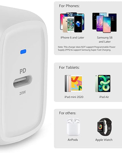 Amazon Basics 20W Foldable USB-C Wall Charger with Power Delivery for Tablets & Phones (iPhone 16/15/14/13/12/11/X, iPad, Samsung), Portable, non-PPS, White