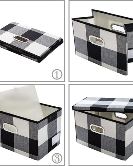 PRANDOM Large Collapsible Storage Bins with Lids [3-Pack] Fabric Foldable Storage Boxes Organizer Containers Baskets Cube with Cover for Home Bedroom Closet Office Black and White (17.7x11.8x11.8)