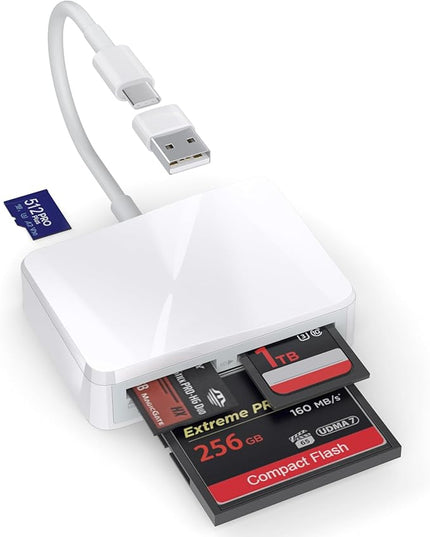 SD Card Reader, 4 in 1 USB C to SD/TF/CF/MS Card Reader with USB to USB C Adapter Memroy Card Reader for iPhone 17/16/15 Pro Max iPad Pro MacBook Pro/Air iMac M4/M3/M2 Android Phone/Tablet PC (White)