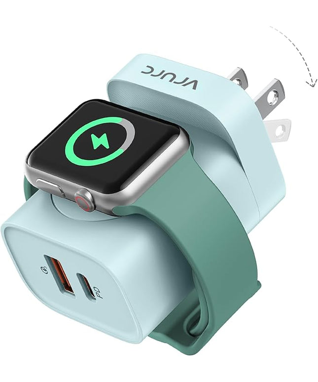 VRURC for Apple Watch Charger, Wireless Magnetic Portable iWatch Charger, PD 20W 3-in-1 Travel Essentials Fast Charging Block for iWatch Ultra/SE/11/10/9/8/7/6/5,iPhone 17/16/15/14/13 etc-Green