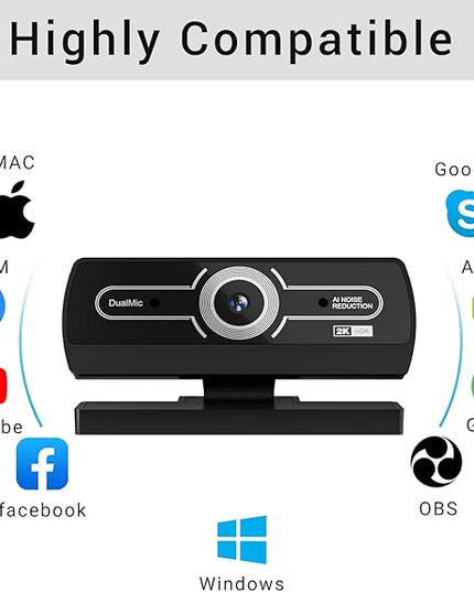 2K Webcam for PC, Full HD Video Calling, HD Light Correction, Works with Skype, Zoom, FaceTime, Hangouts, PC/Mac/Laptop/MacBook/Tablet