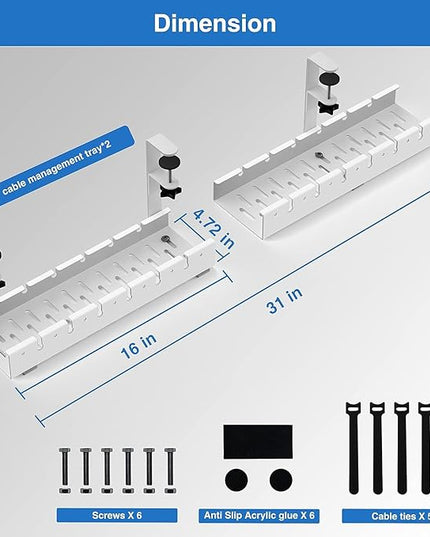 No Drilling Extendable Under Desk Cable Management, Metal Cable Management Tray Under Desk with Clamp, Retractable Power Strip Cord Holder for Wire Management 31Inch (1 Pack White)