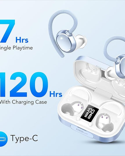 KT1 Wireless Earbuds V5.3 Bluetooth Earbuds 120Hrs Playtime, 4.7g Mini Size Painless Wear, IPX7 Waterproof, Deep Bass 2.0, Over-Ear Ear Buds Wireless Bluetooth Headphones for Sport Running (Blue)