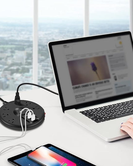 Power Strip, 6 Outlets and 3 USB Ports 6.5FT Long Extension Cord, Circle Socket Overload Surge Protector, 100% Copper Core, Flat Plug Charging Station Compact for Office, Home, Travel (Black)