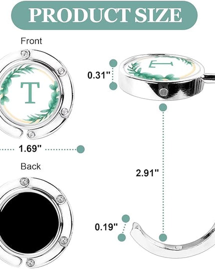 XSUIOY 3Pcs Personalized Initial Foldable Purse Hook for Table,Crushed Flower Letters Folding Purse Hanger,Purse Holder Handbag Hanger Collection Desk Table Bag Hooks Gifts for Women Bag(Green-T)