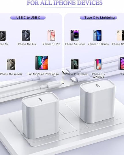 Extra Long 10FT iPhone Fast Charger,i Phone Charger Fast Charging【MFi Certified】2Pack 20W PD Fast USB C Charger Block + 10Foot i Phone Charging Cable Cord for iPhone 15/14/13/12/11/XS/XR/SE2022/8/iPad