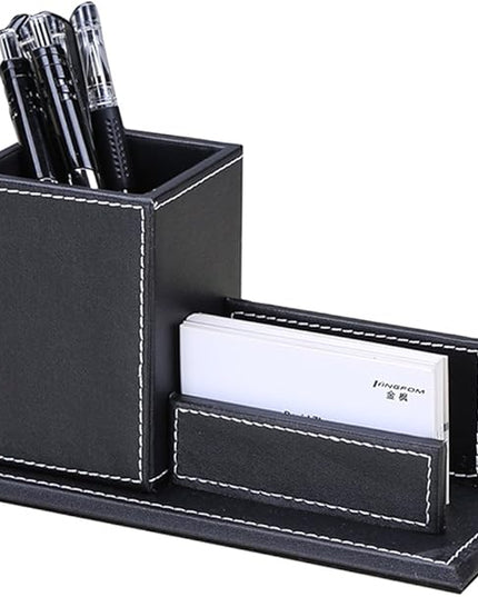 KINGFOM PU Leather Desk Organizer and Accessories, Pencil Holder for Desk with Business Cards Stand, School Office Supplies Collection Caddy Black