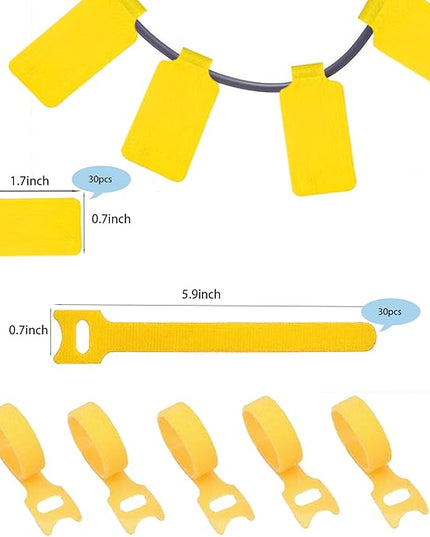 60 Pcs Reusable Cable Labels & Hook and Loop Cord Ties – 30 Wire Labels + 30 Cable Tags for Electronics, Home Office Cord Management, Residue-Free, Quick-Drying Marker Included