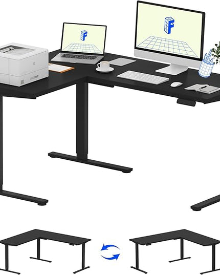 FLEXISPOT L Shaped Standing Desk, 63 x 47 Inch Electric Height Adjustable Corner Desk, Sit Stand Computer Workstation, Preset Controller, Home Office, Black Frame with Black Top