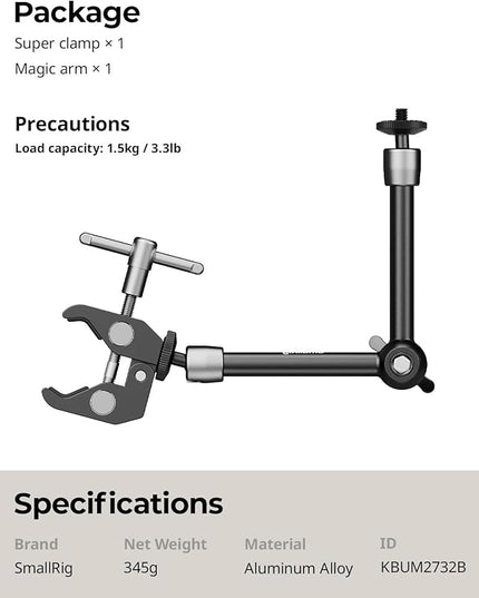 SMALLRIG Clamp w/ 1/4" and 3/8" Thread and 9.8 Inches Adjustable Friction Power Articulating Magic Arm with 1/4" Thread Screw for LCD Monitor/LED Lights - KBUM2732B