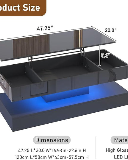 47.2" Large Lift Top Coffee Table,Modern High Glossy LED Coffee Tables for Living Room with Storage,Black Living Room Tables for Living Rooms,Dining Room,Bedroom Home Office,APP LED Lights（Black）
