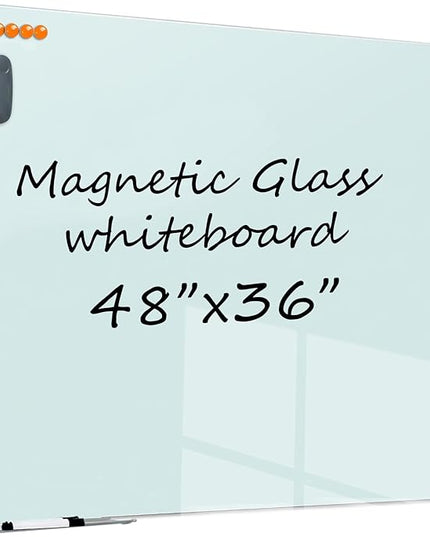 Glass Dry Erase White Board - 48"X36" Magnetic Whiteboard Large Frameless Boards with Super Strong Magnets for Office, School and Home Wall
