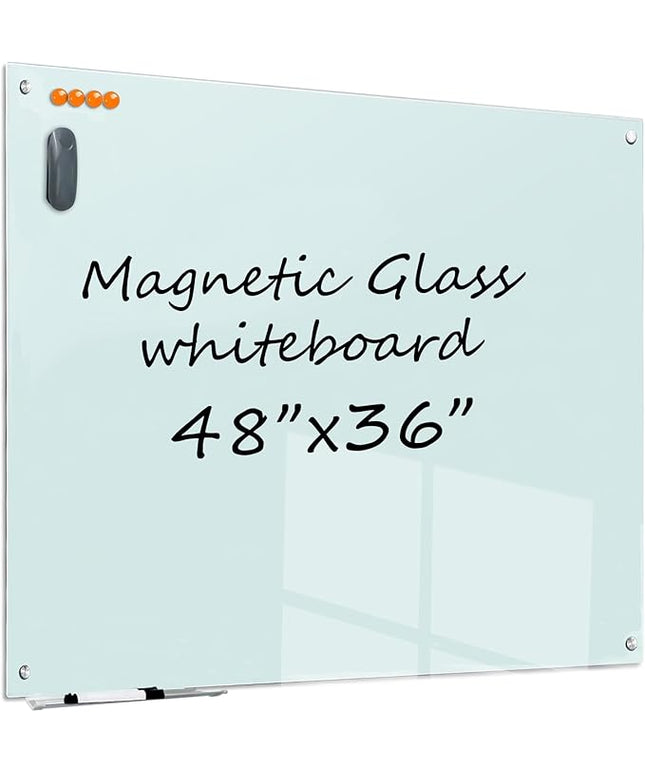 Glass Dry Erase White Board - 48"X36" Magnetic Whiteboard Large Frameless Boards with Super Strong Magnets for Office, School and Home Wall