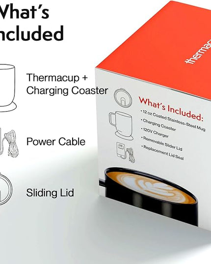 THERMACUP Mega 8-Hour Battery Self-Heating Coffee Mug with | Temperature Controlled Steel Smart Mug with Lid, 14oz (12oz with Lid) | Perfect Holiday Gift for Coffee & Tea Lovers