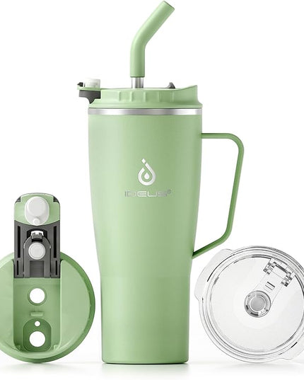 Ideus 32 oz Tumbler with Handle and Straw, Vacuum Insulated Stainless Steel Travel Mug, 100% Leakproof, Cup Holder Friendly, Avocado Green