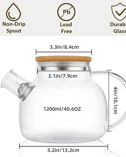 CnGlass Glass Teapot Stovetop Safe,40.6oz Clear Tea pot with Removable Filter Spout,Loose Leaf and Blooming Tea Maker
