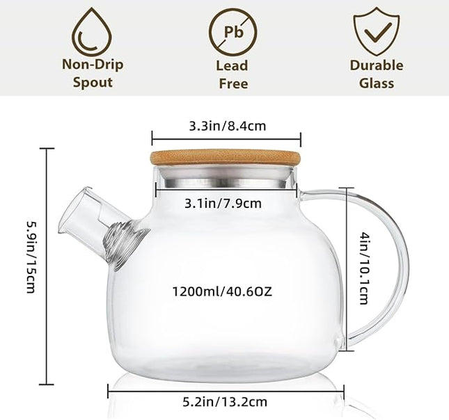 CnGlass Glass Teapot Stovetop Safe,40.6oz Clear Tea pot with Removable Filter Spout,Loose Leaf and Blooming Tea Maker