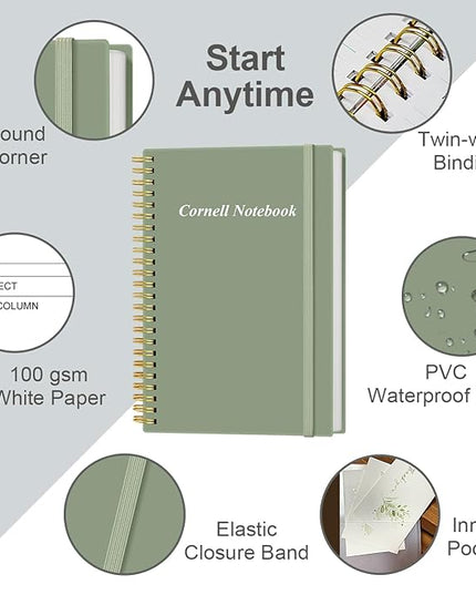 Yaridar A5 Cornell Notes Notebook - College Spiral Cornell Notebooks for Note Taking, Subject College Ruled Steno Pads for Office/School/Home, 5.8" x 8.5", Green