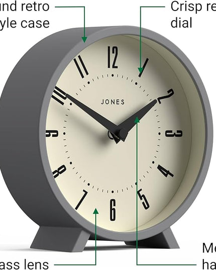 JONES CLOCKS® Venus Desk Clock | Modern Round Design | Gray | Stylish Retro Look for Shelf, Table, Mantel or Bedside